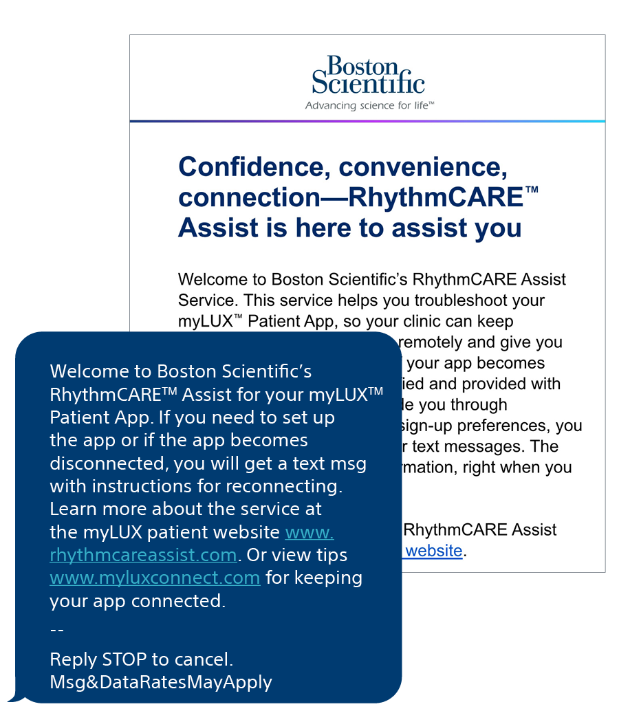 sample post-procedure email and text message from RhythmCARE Assist for app set up