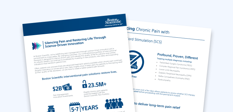 Managing chronic pain brochure with spinal cord stimulation information.