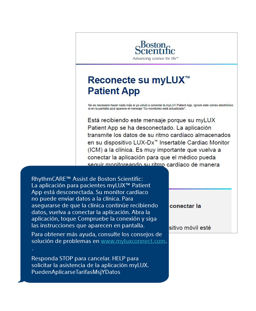 ejemplo de correo electrónico y mensaje de texto de RhythmCARE Assist si su aplicación se ha desconectado