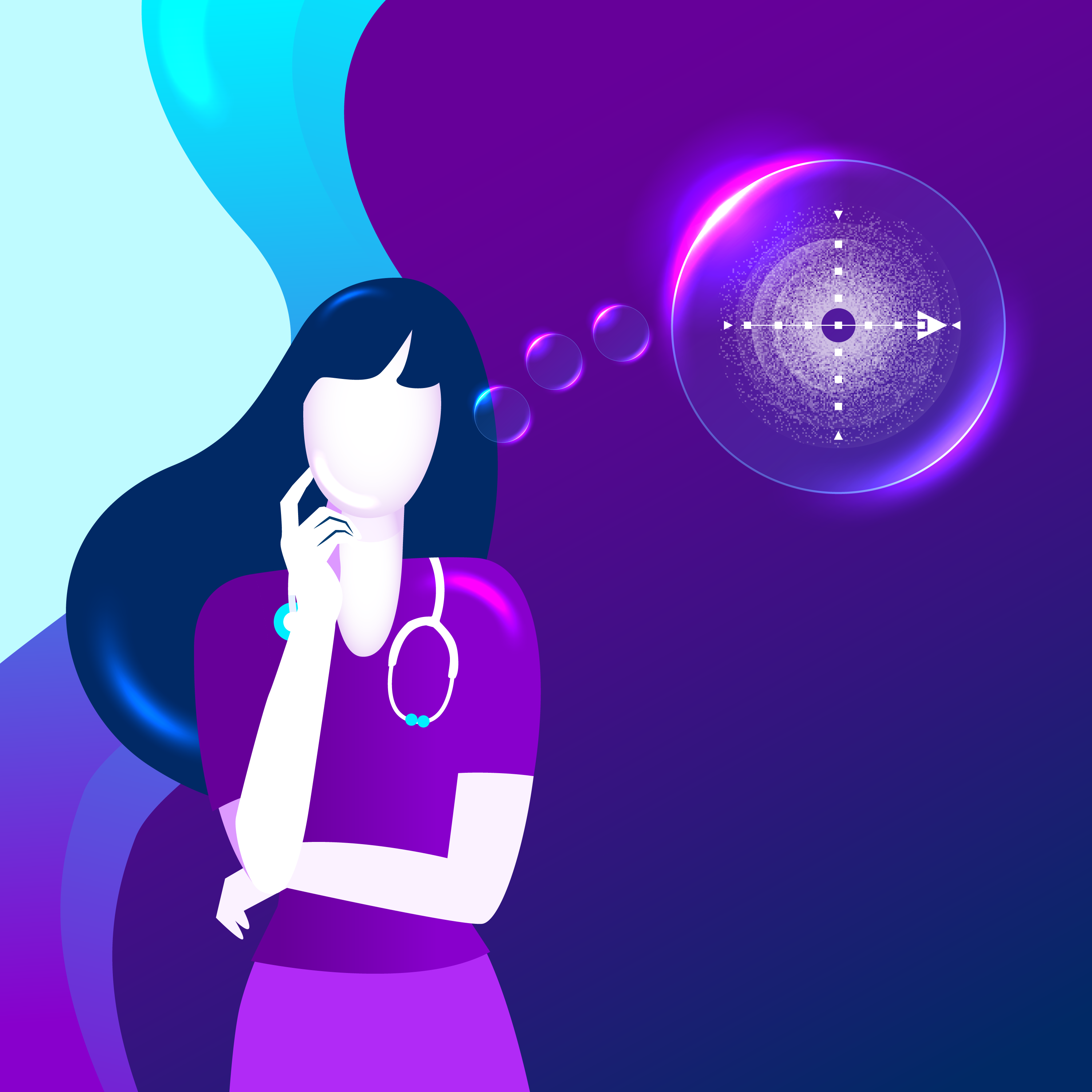 Illustrated image of healthcare provider with thought bubble thinking.