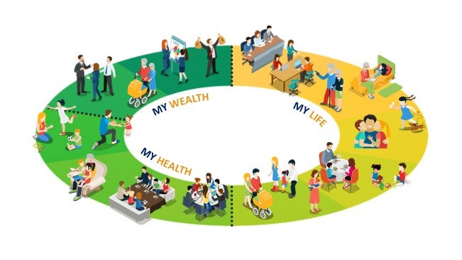 Healthcare workers in caps and masks interacting with masked patients in welcoming waiting room.