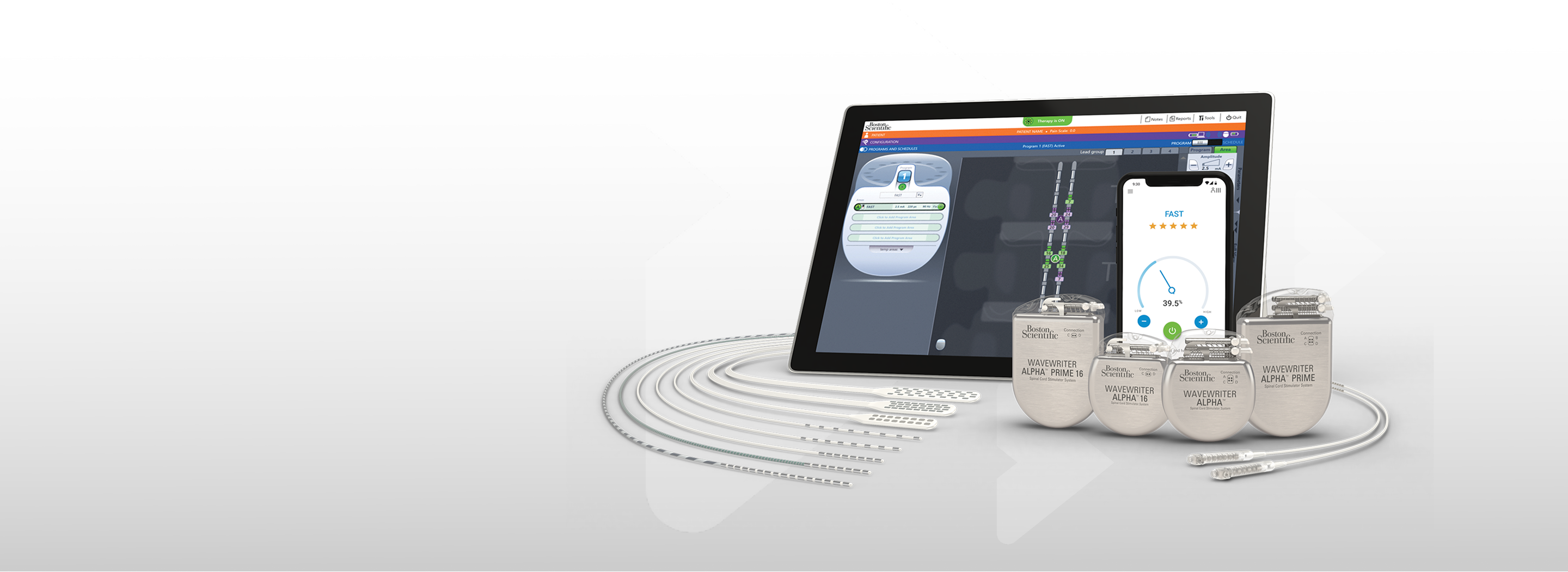 WaveWriter alpha scs system including: p16, r16, p32, r32 ipgs; leads; controller software on tablet; mySCS GO patient controller on phone; M8 and S8 adapters.