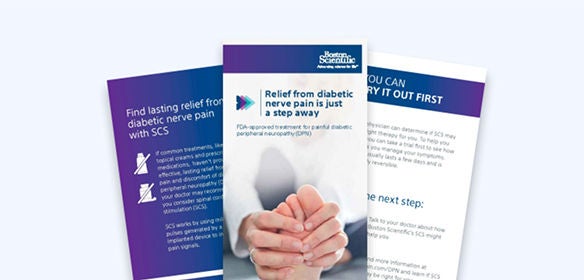 Three overlapping brochures about diabetic nerve pain treatment, with hands clasped on the center cover.