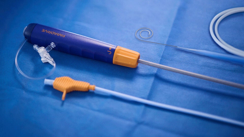 VersaCross Connect™ Access Solution with RF wire and FARADRIVE™ sheath shown in transseptal configuration for left atrial access.