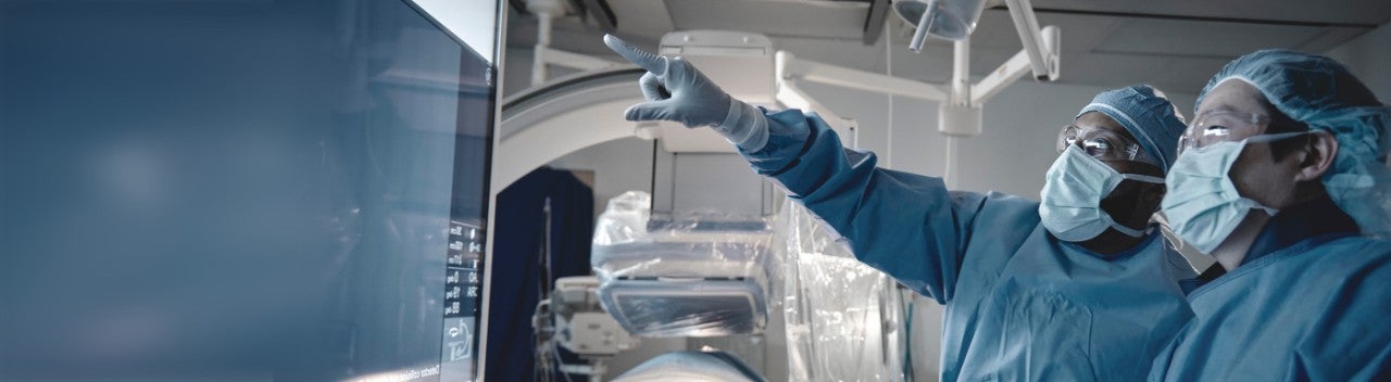 Two healthcare providers discussing an image on a computer screen with one of them pointing at the screen.