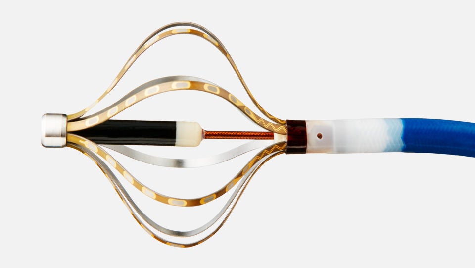 The tip of the eight-spline Intellanav Orion cardiac mapping catheter with catheter electrodes displayed