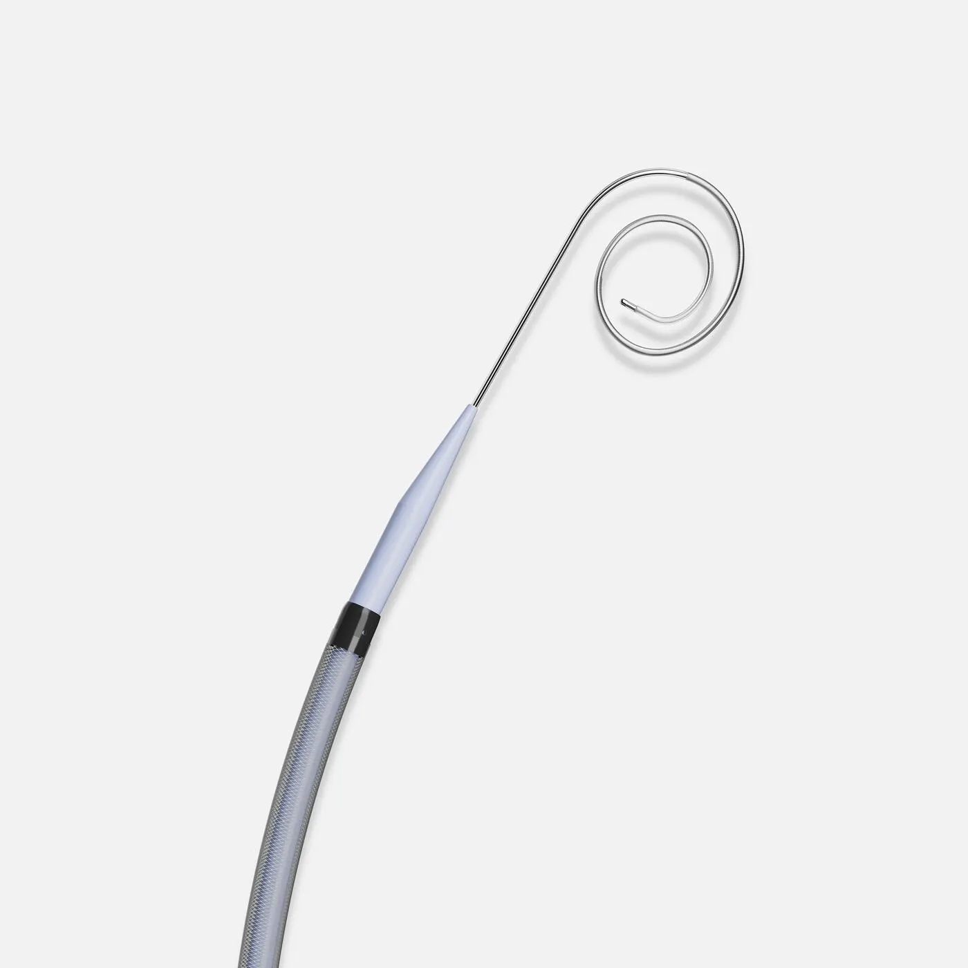 VersaCross RF Wire pigtail configuration, protruding from VersaCross Connect Transseptal Dilator/FARADRIVE sheath assembly.