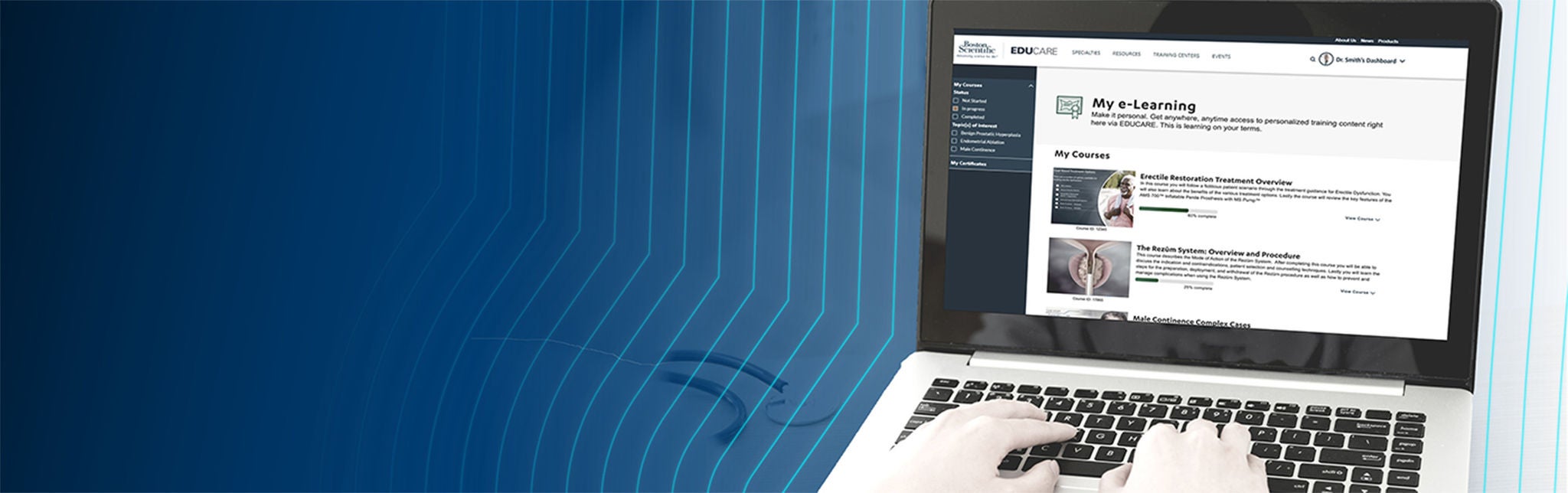 Hands on keyboard of laptop with "My e-Learning" on the screen.