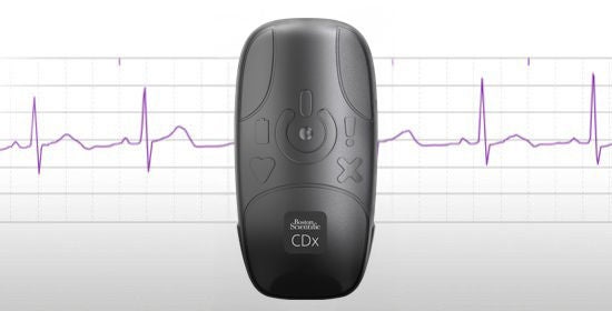 BodyGuardian Mini device in front of simplified purple S-ECG strip on light background 