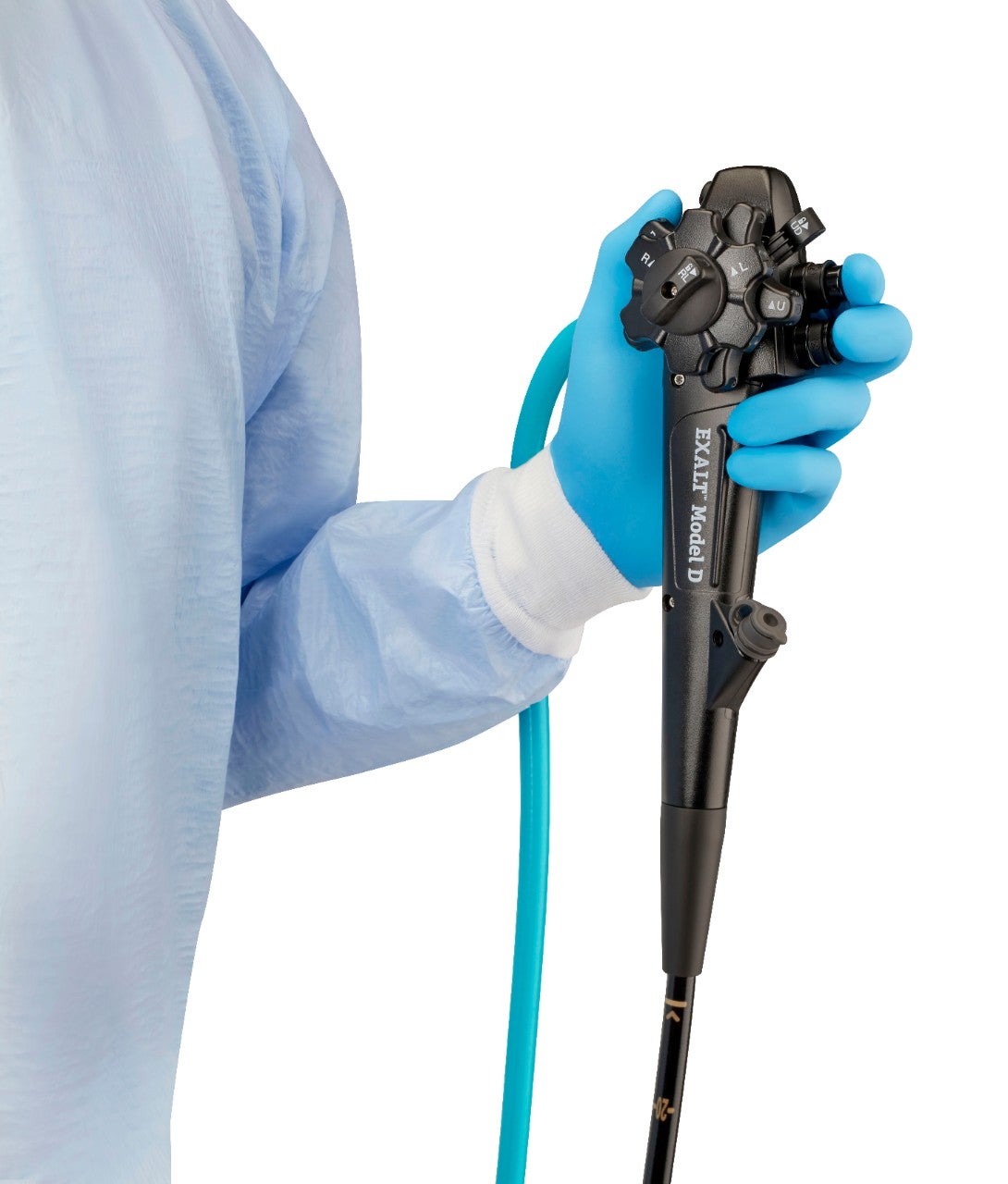 EXALT™ Model D duodenoscope in physician's hand.