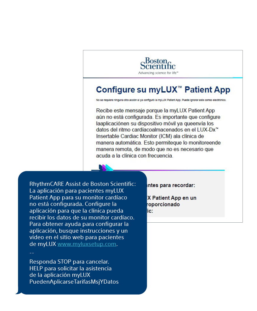 ejemplo de correo electrónico y mensaje de texto posterior al procedimiento de RhythmCARE Assist para la configuración de la aplicación
