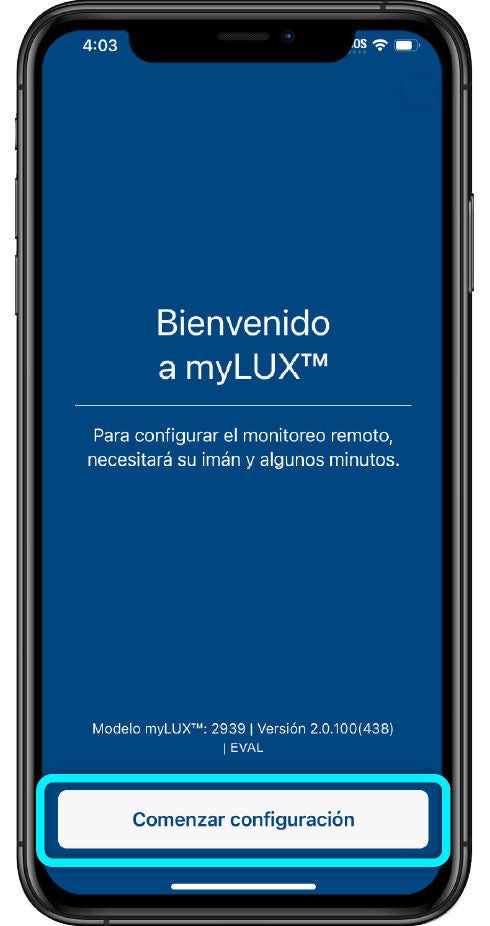 Pantalla de bienvenida de la aplicación myLUX para iniciar la configuración