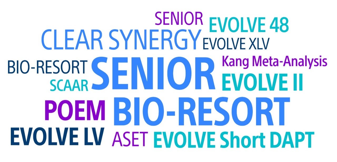 SENIOR, EVOLVE 48, CLEAR SYNERGY, EVOLVE XLV, BIO RESORT, SCAAR, Kang Meta-Analysis, EVOLVE II, POEM, BIO-RESORT, EVOLVE LV, ASET, EVOLVE Short DAPT