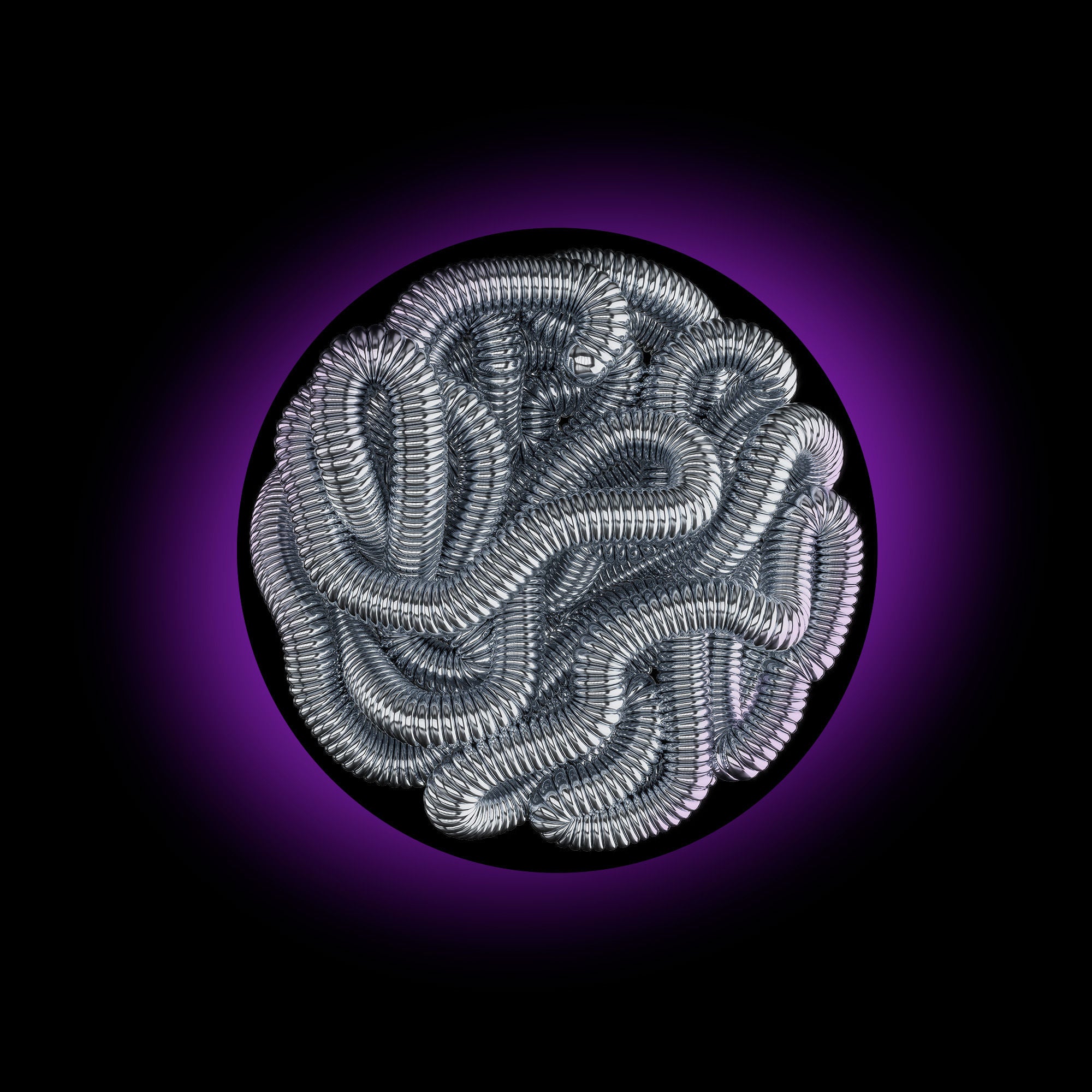 A packing embolization coil in a vessel with a plum and black background.