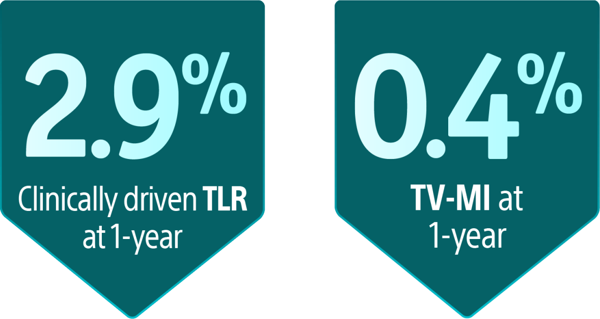 Two graphics indicating TLR at 1-year and TV-MI after 1-year.