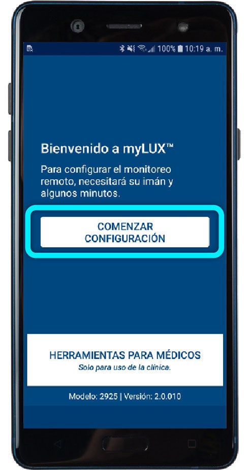 Pantalla de bienvenida de la aplicación myLUX para iniciar la configuración
