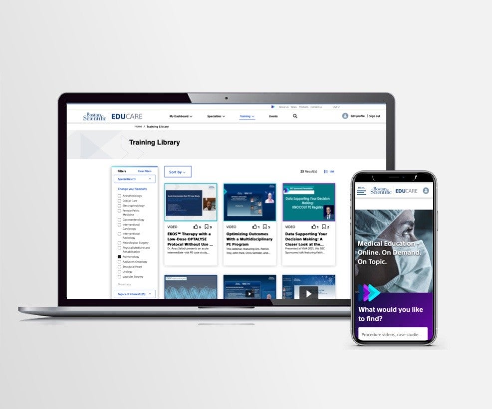 Boston Scientific EDUCARE medical education and training platform on laptop and mobile device.
