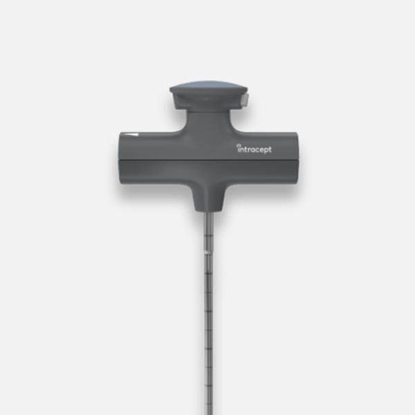 Gray medical handle tool labeled Intracept with slim shaft.