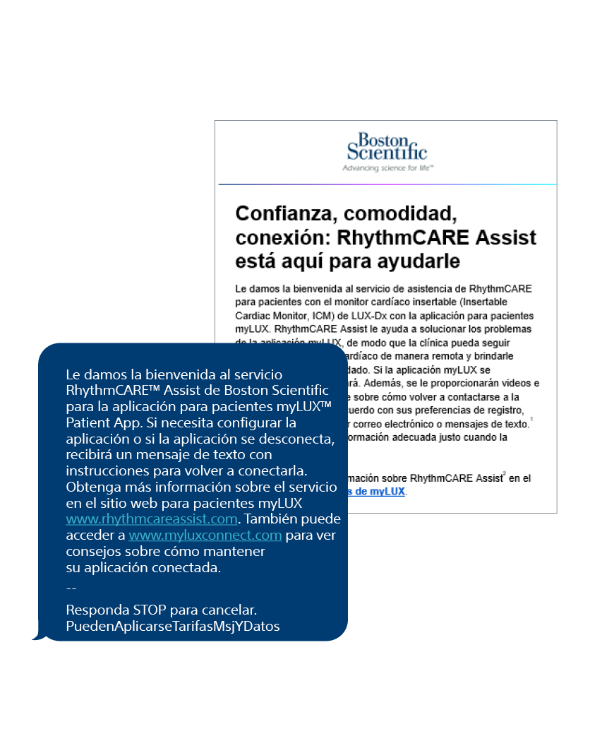 ejemplo de correo electrónico de bienvenida y mensaje de texto de RhythmCARE Assist