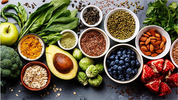 Healthy food laid out on a table