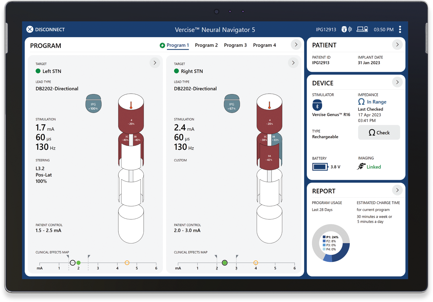 Tablet with Vercise Neural Navigator 5 Software showing brain stimulation programming options and IPG information for a specific patient.