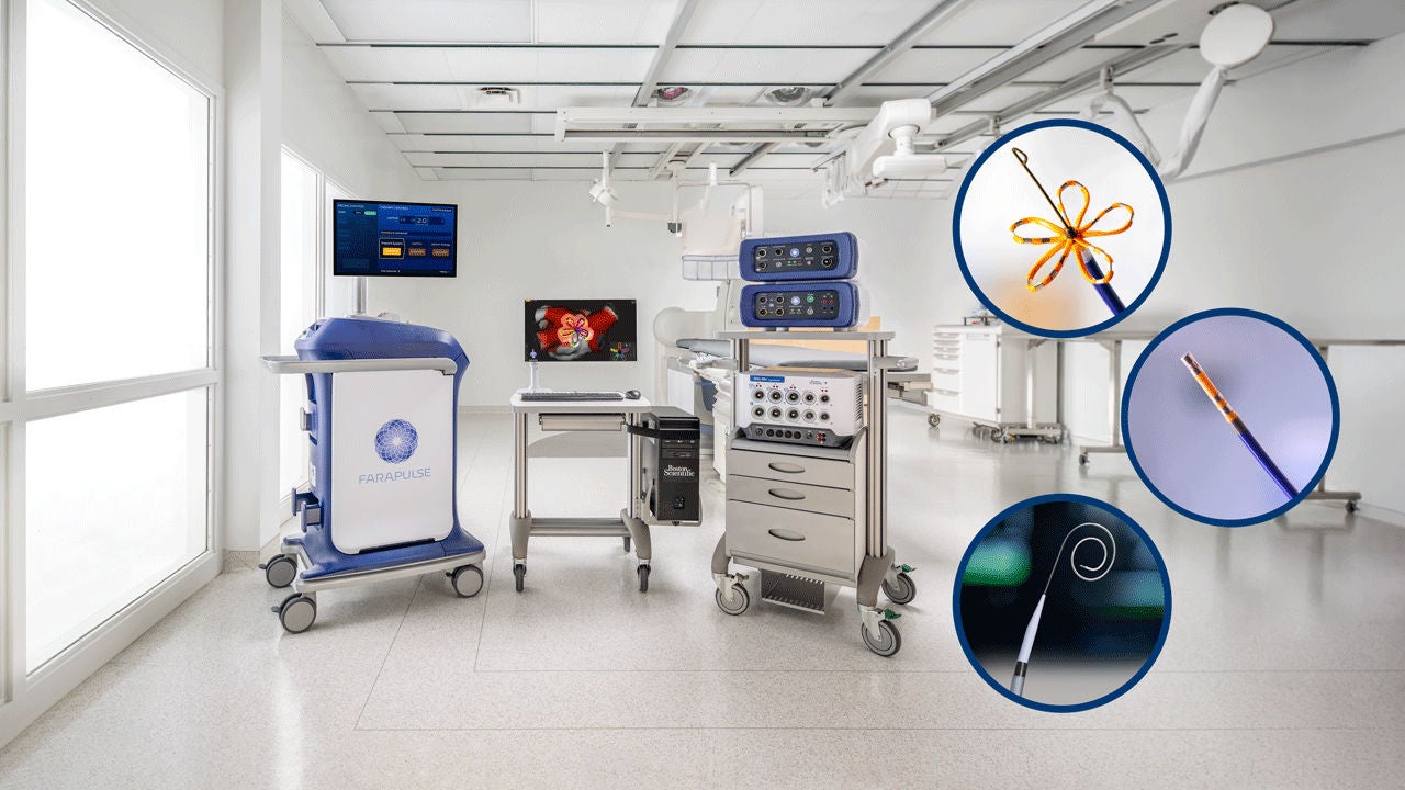 FARAPULSE™ Pulsed Field Ablation Platform setup, featuring the FARASTAR™ generator, OPAL HDx™ Mapping System, and FARAWAVE™ catheter, designed for atrial fibrillation treatment.