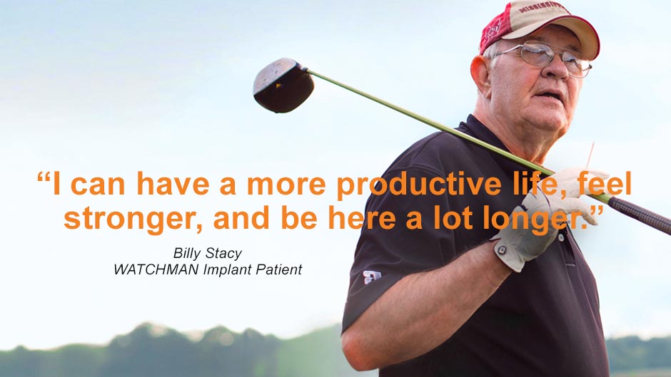 Older man with golf club and words "I can have a more productive life, feel stronger, and be here a lot longer."