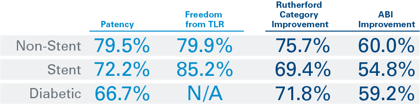 Table of subgroup results at 12 months between non-stent, stent, and diabetic patients based on their patency, freedom from TLR, Rutherford Category improvement, and ABI improvement.