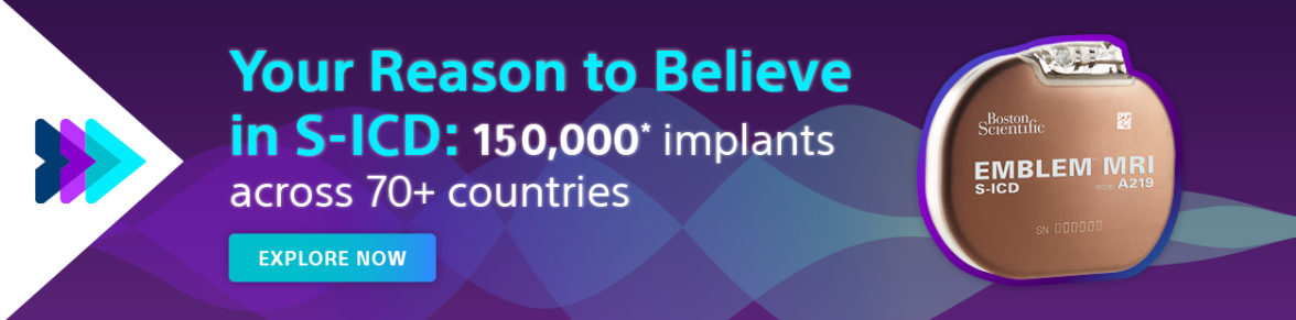 Banner highlighting 150,000 S-ICD implants across 70 countries with EMBLEM MRI S-ICD device image.