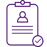Icon of a patient and a checkmark on a clipboard.  