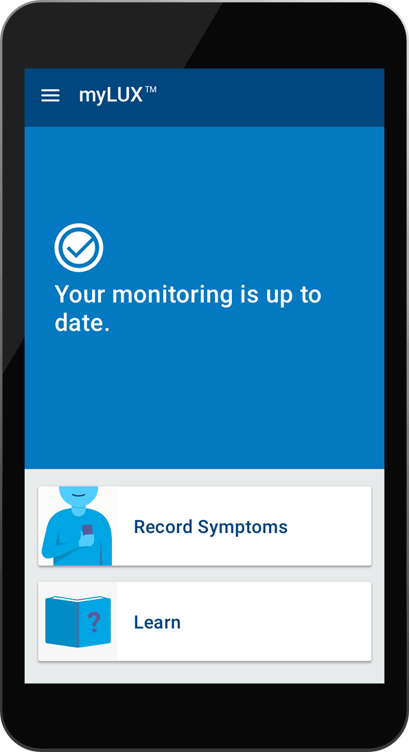 Smartphone with video demonstration of myLUX app, showing the Record Symptoms process.