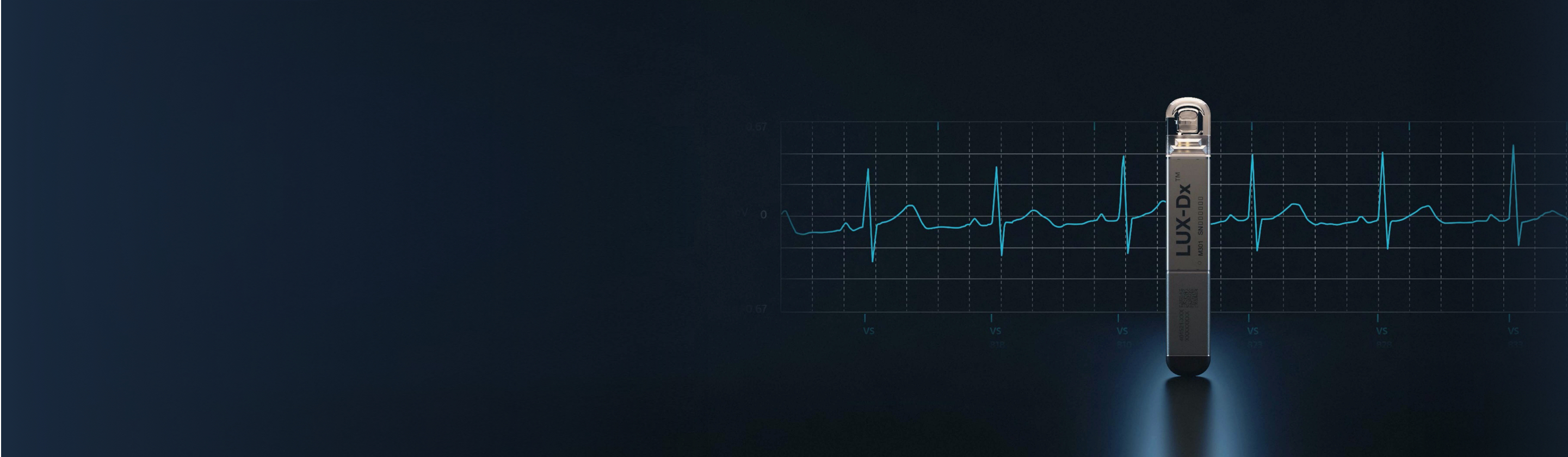 Boston Scientific LUX-Dx Insertable Cardiac Monitor against dark blue background with S-ECG signal.