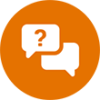 Orange icon of two chat bubbles with a question mark in the middle.