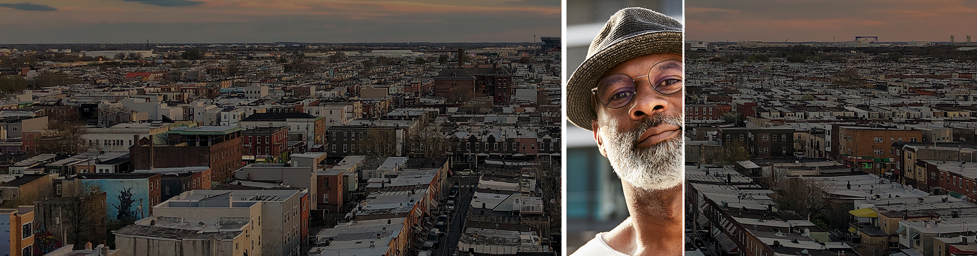 A man's image with a cityscape in the background.