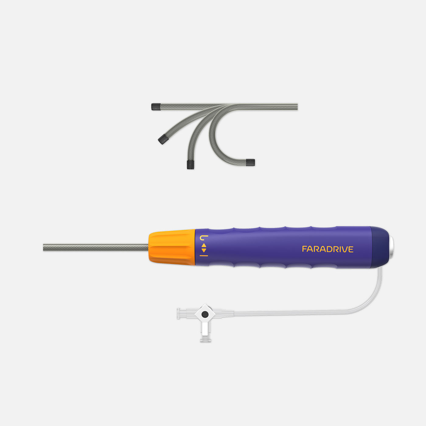 Full FARADRIVE Steerable Sheath showing handle and 180-degree articulation.