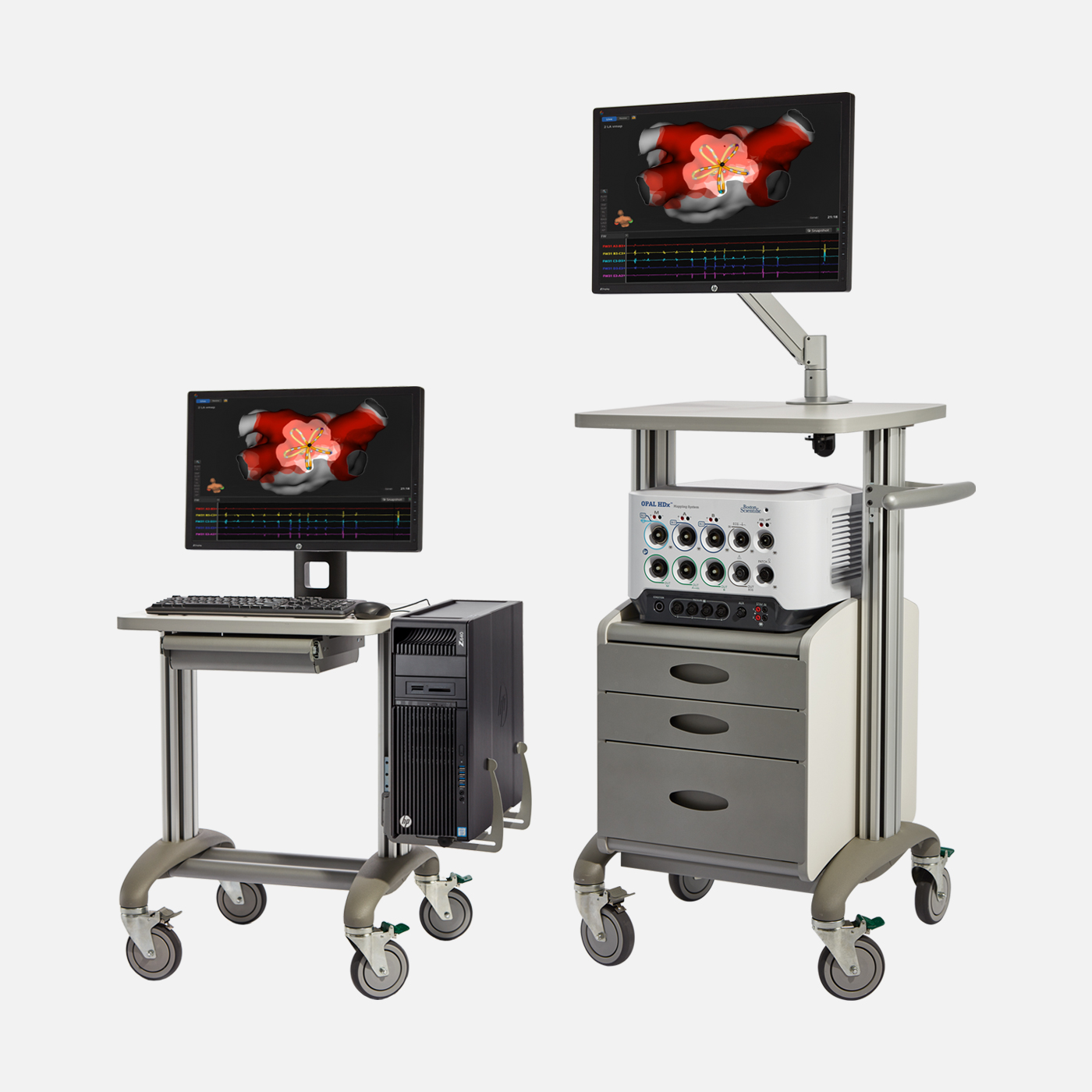 Opal HDX mapping system cart and monitors, one showing a PFA cardiac map and the other a HD cardiac map for RF.