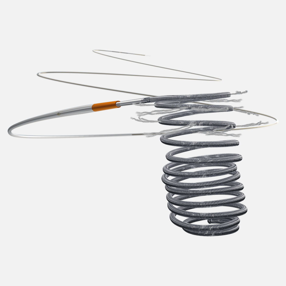 Boston Scientific Embold Detchable Coil System with a microcatheter against a black background.