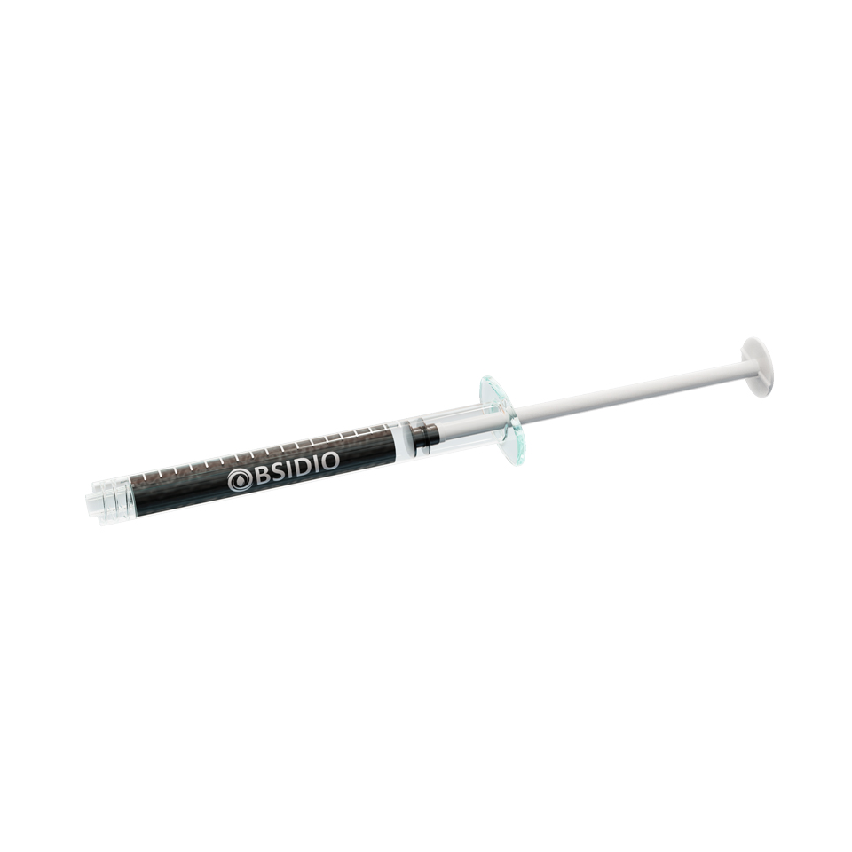 Obsidio Conformable  Embolic syringe on white background.