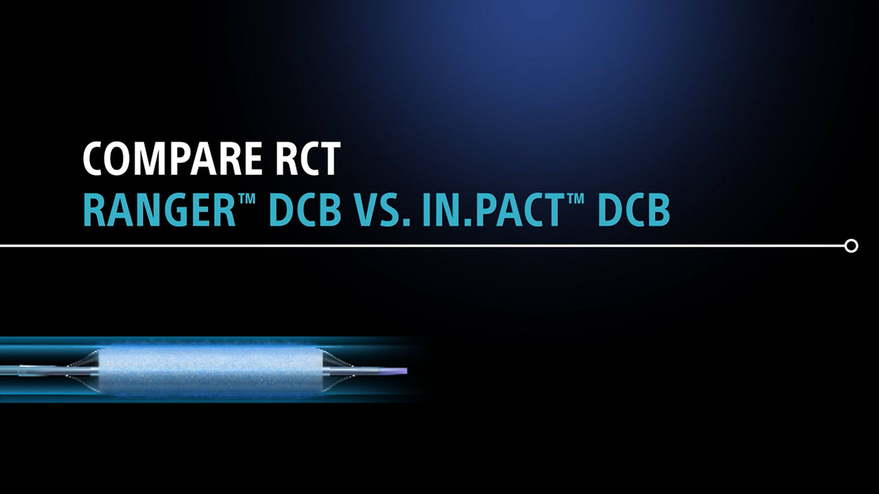 Blue and black smokey background with text COMPARE RCT RANGER DCB vs. IN.PACT DCB