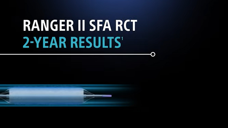 Blue and black smokey background with text Ranger 2 SFA RCT 2-year primary patency results