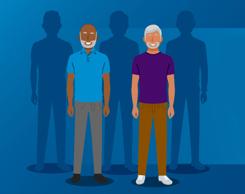  Illustration of 2 middle aged men standing, and 3 silhouettes of men behind them.