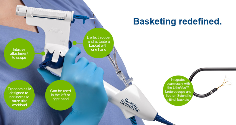 Basketing Redefined - Deflect scope and actuate a basket with one hand, Intuitive attachment to scope, Ergonomically designed to  not increase muscular workload, Can be used in the left or right hand, Integrates seamlessly with the LithoVue™ Ureteroscope and Boston Scientific nitinol baskets