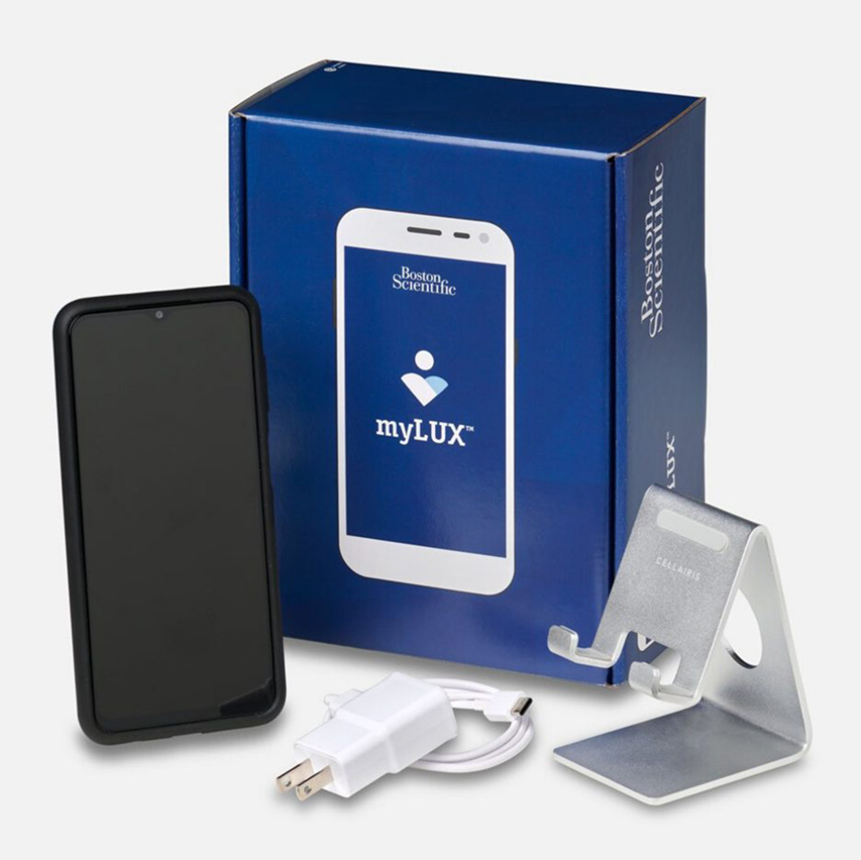 Package showing components of the Lux-Dx myLUX app for heart patients