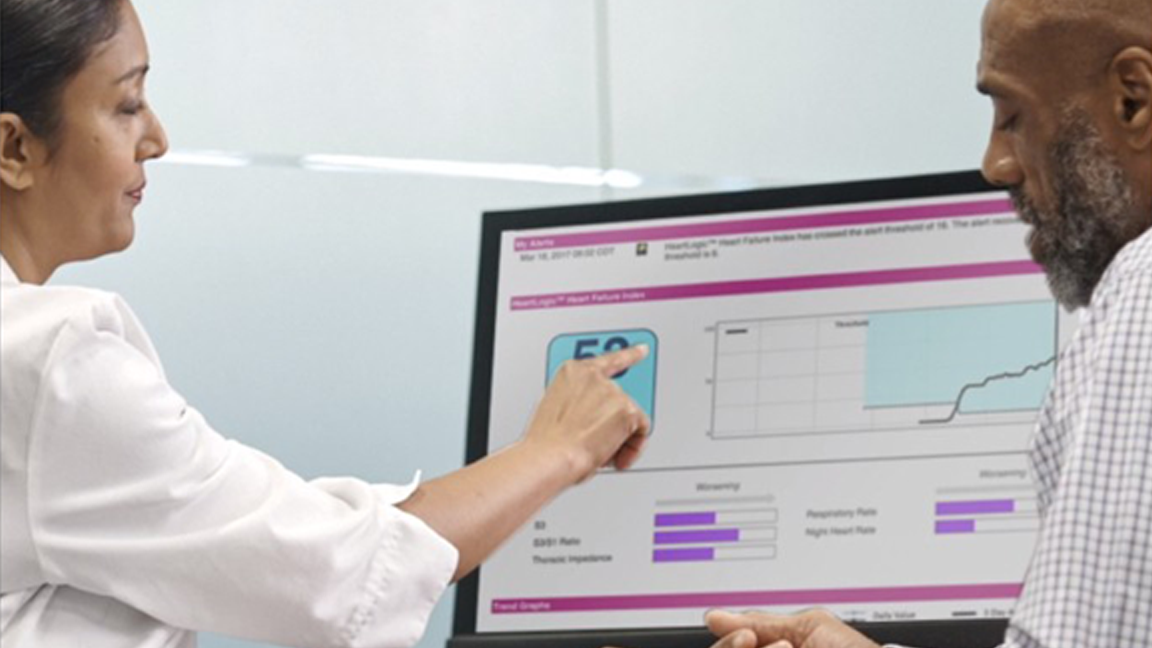 Two people discuss a data chart on a computer screen in a professional setting. 