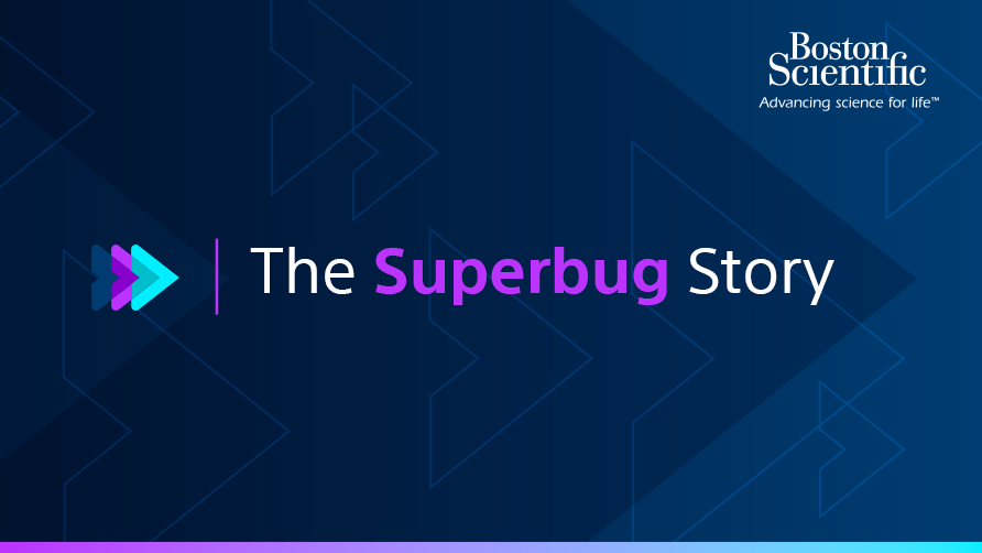 Dark-blue graphic with an arrow pattern and text that says “The Superbug Story.” 