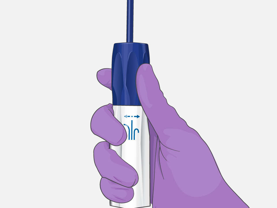 Hand in surgical glove holding SureFlex Steerable Guiding Sheath, rotating dial between forefinger and thumb.]