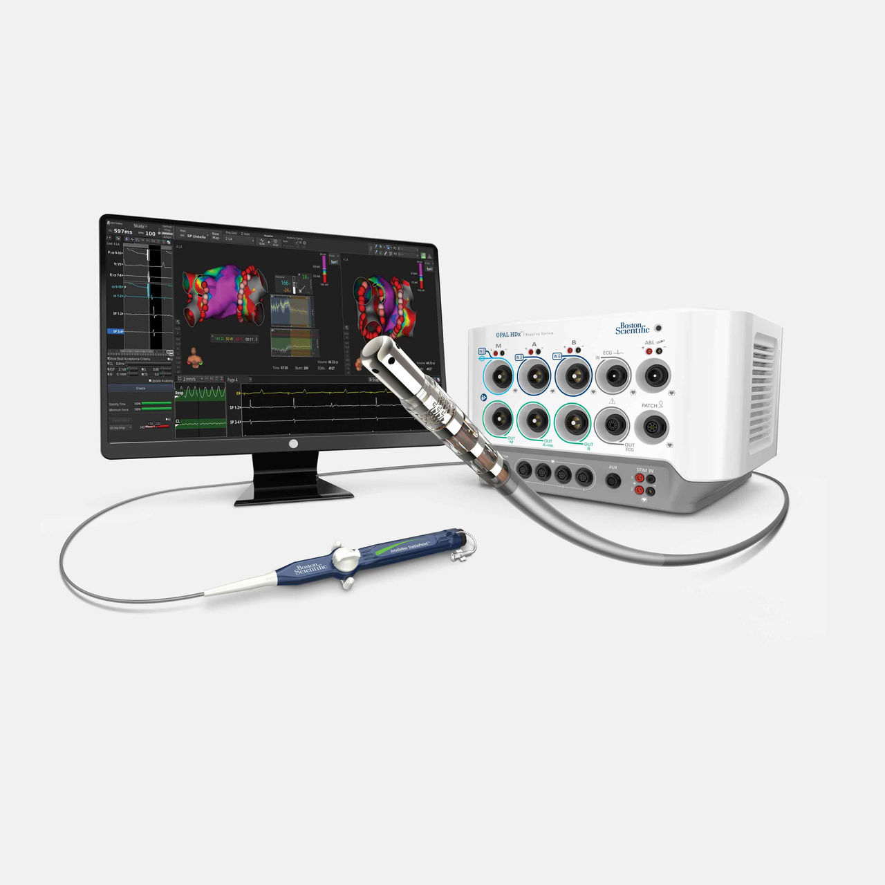 INTELLANAV STABLEPOINT™ Ablation Catheter shown with the OPAL HDx™ signal station and a monitor with cardiac map. 