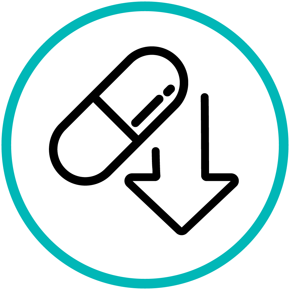 Medicine with downward pointing arrow represents the reduced rate of medication-related bleeding complications