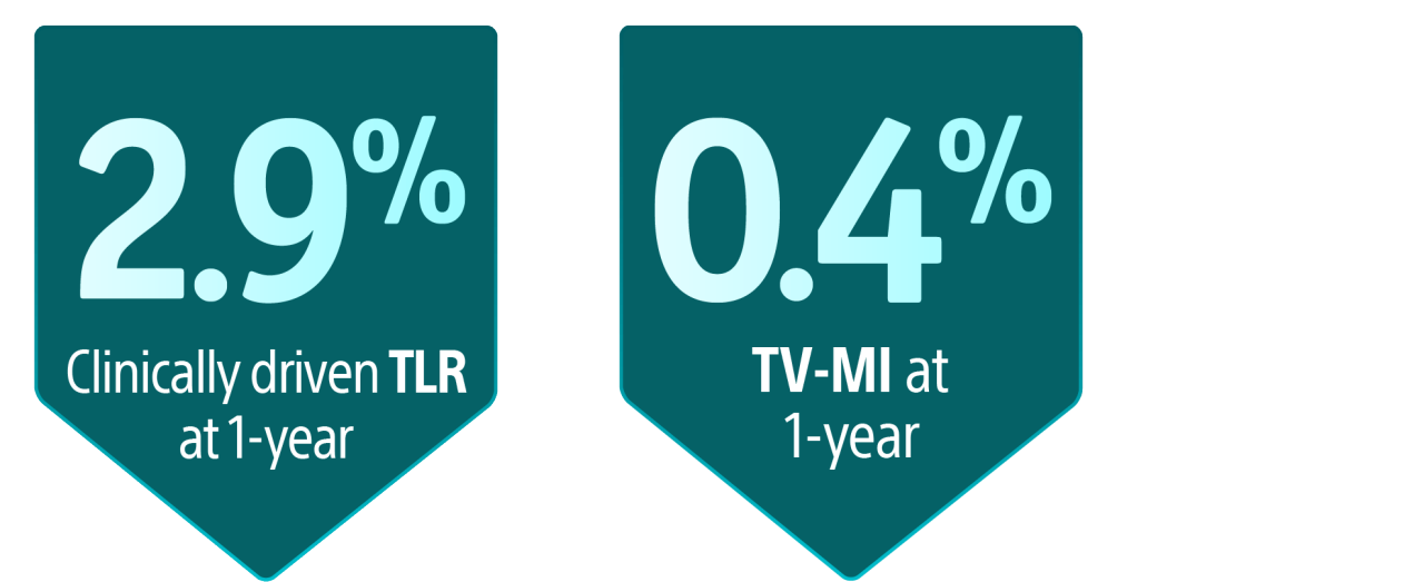 2.9% Clinicallly driven TLR at 1-year. Secondary endpoint: 0.4% TV-MI at 1-year.