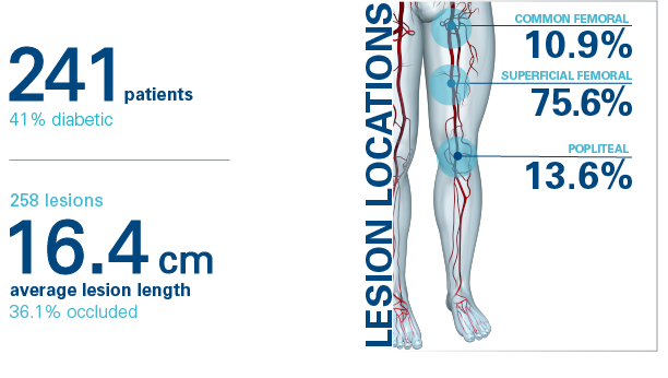 241 patients - 41% diabetic; 258 lesions - 16.4cm average lesion length - 36.1% occluded. Lesion locations: common femoral 10.9%; superficial femoral 75.6%; popliteal 13.6%.